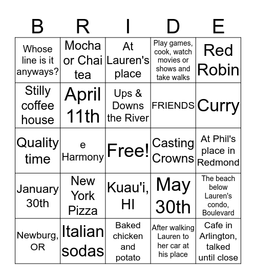 Bridal Bingo! Bingo Card