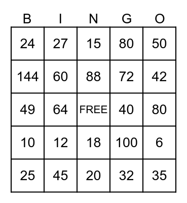 Multiplication Bingo Card