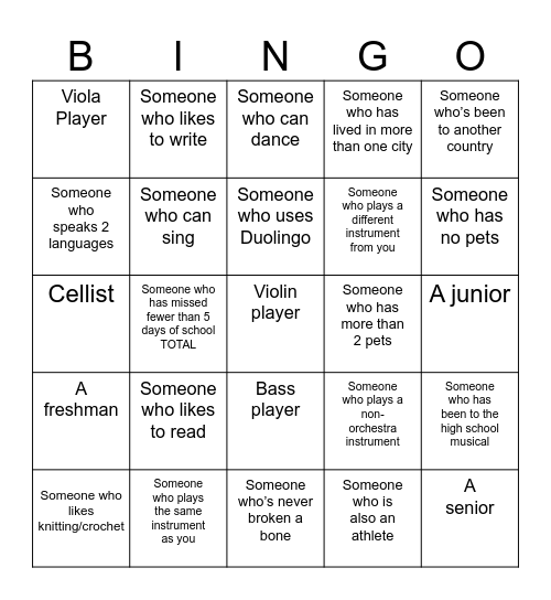 Meet Your Classmates Bingo Card