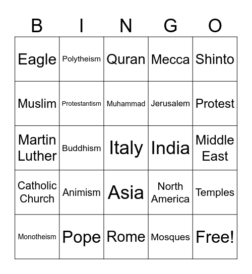 World Religions Terms Bingo Card