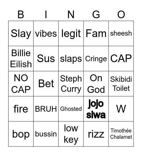 Zoomer Bingo Card