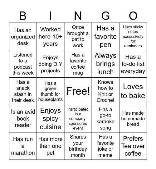 Coworker Bingo Card