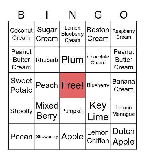 P.I.E. Bingo Card