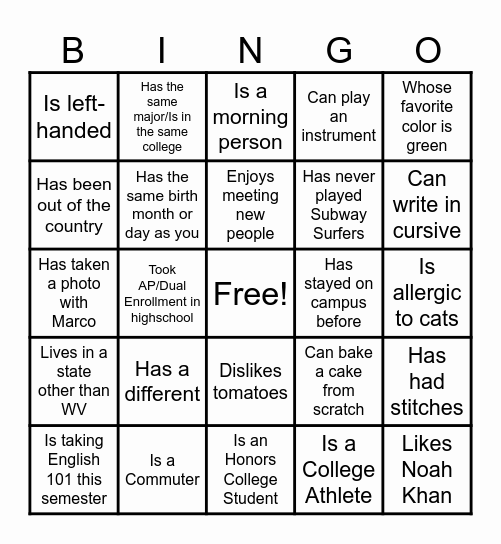 UNI 100 Bingo Card