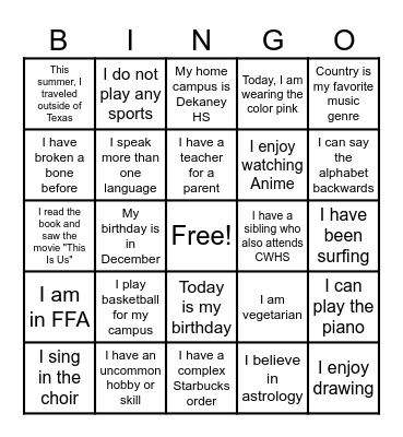 Breaking the Ice Bingo Card