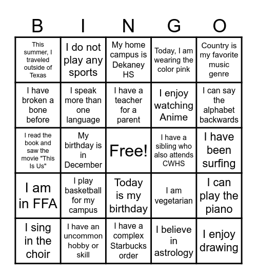 Breaking the Ice Bingo Card