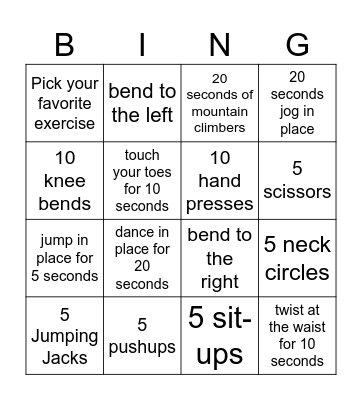 PE Bingo Card