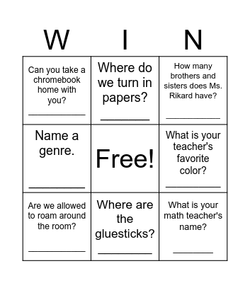 Back to School Bingo Card