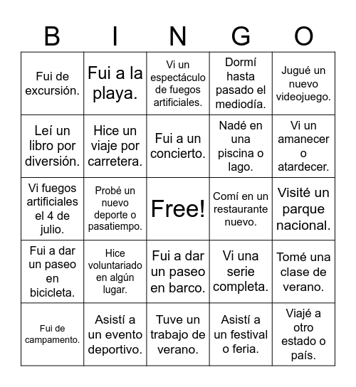 Mi Descanso de Verano Bingo Card