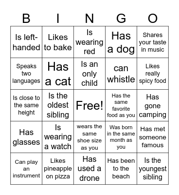 Middle School icebreaker Bingo: Find Someone Who Bingo Card