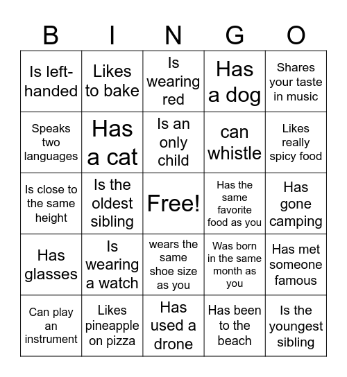 Middle School icebreaker Bingo: Find Someone Who Bingo Card