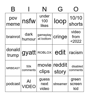 YT SHORTS BINGO Card