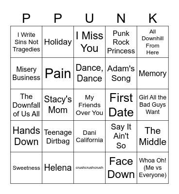 Pop Punk / Emo Bingo Card
