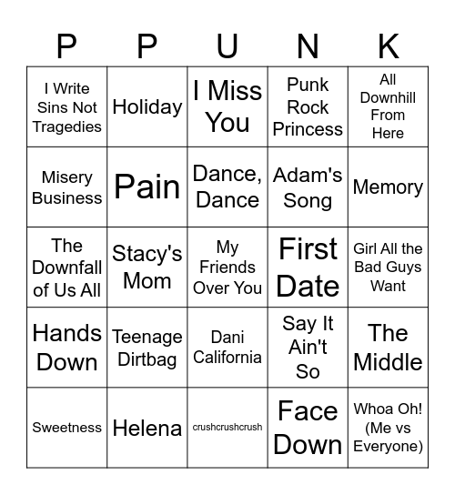 Pop Punk / Emo Bingo Card