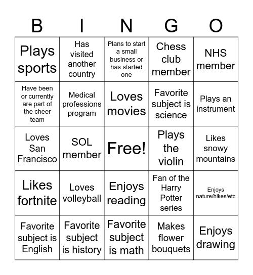 Get to Know You Bingo Card