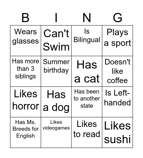 Getting to know you Bingo Card