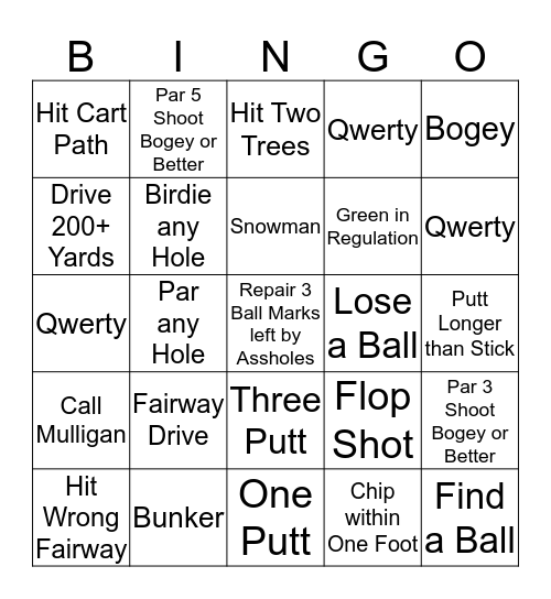 Golf Bingo Game Bingo Card