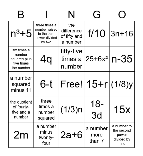 Verbal Expressions Bingo Card