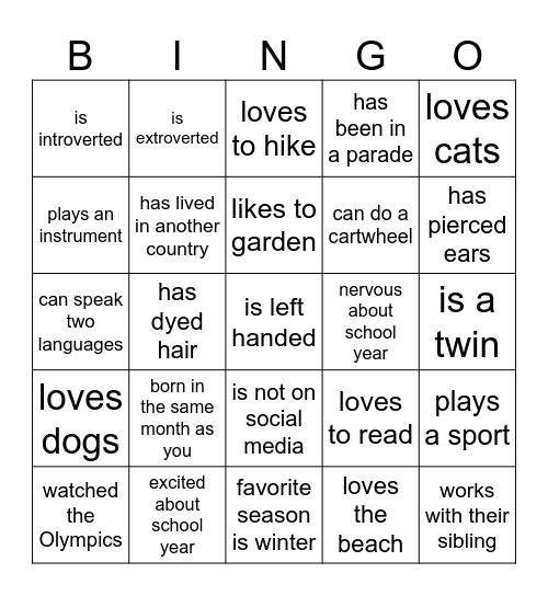 Get to Know Me BINGO! Bingo Card