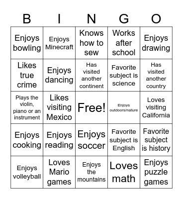 Get to know you Bingo Card