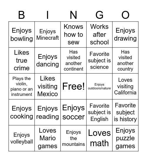 Get to know you Bingo Card