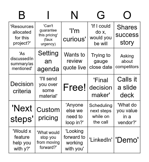 SaaS Sales Bingo Card