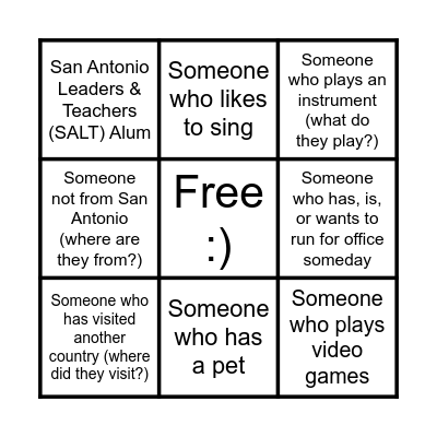 Bingo to Mingle Bingo Card