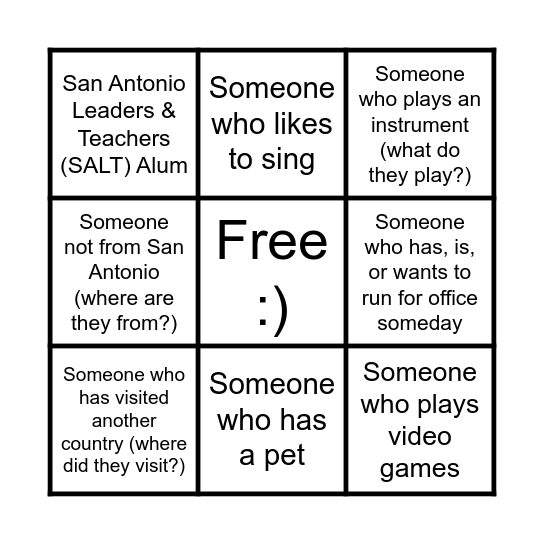 Bingo to Mingle Bingo Card