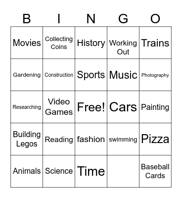 Special Interest Bingo Card