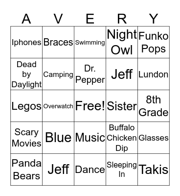 Avery's a Teenager! Bingo Card