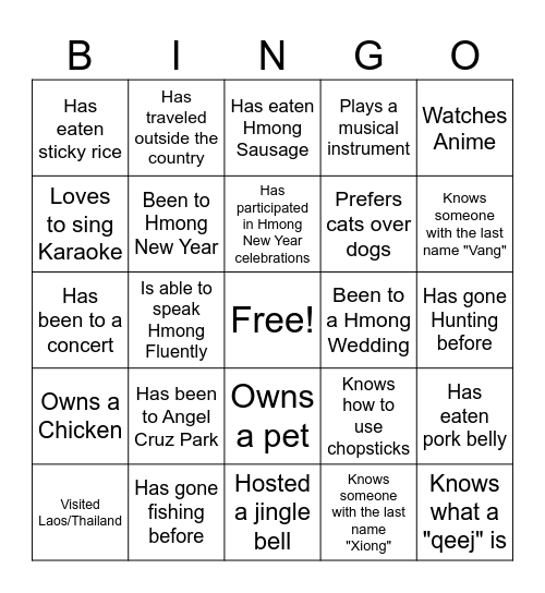 Hmong Bingo Card