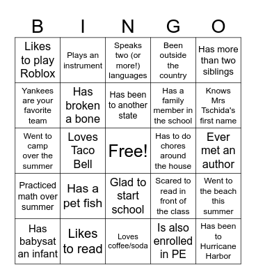 Getting to Know Our Class Bingo Card