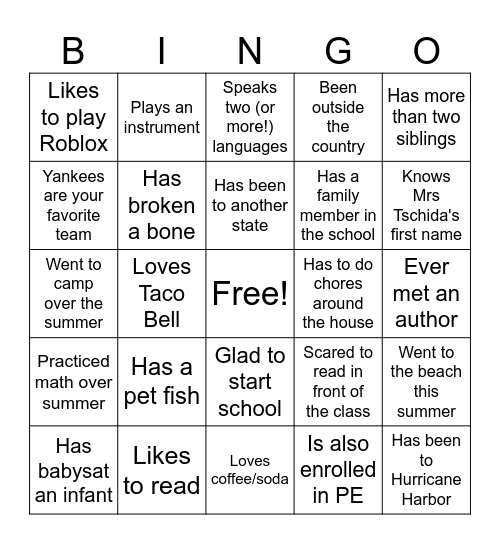 Getting to Know Our Class Bingo Card