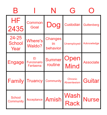 WCSD Welcome Back Assembly 2024-2025 Bingo Card