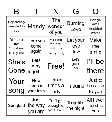 70's Love Songs Bingo Card