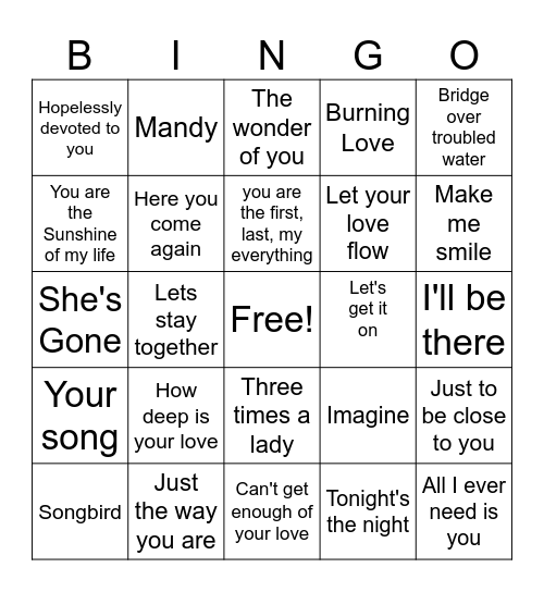 70's Love Songs Bingo Card