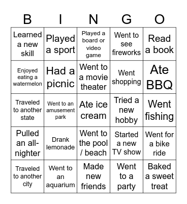 What I Did This Summer Bingo Card