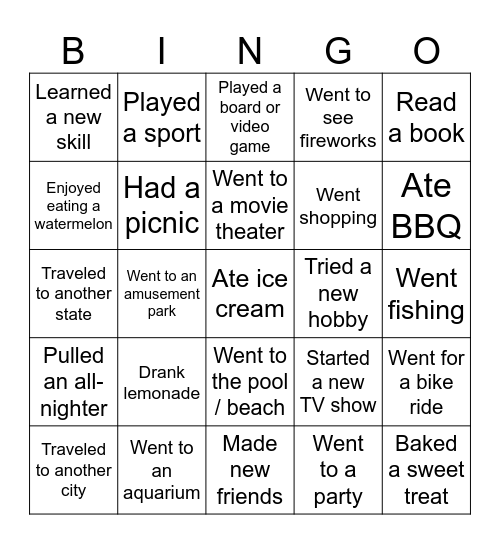 What I Did This Summer Bingo Card