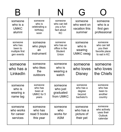 Coffee & Connection Bingo! Find one professional who qualifies and can sign their first name for a square. Bingo Card