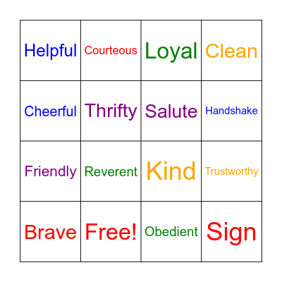 Scout Law Bingo Card