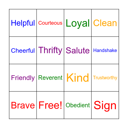 Scout Law Bingo Card
