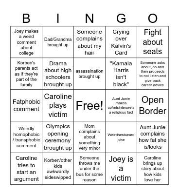 Family Dinner Bingo Card