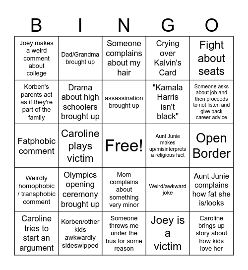 Family Dinner Bingo Card