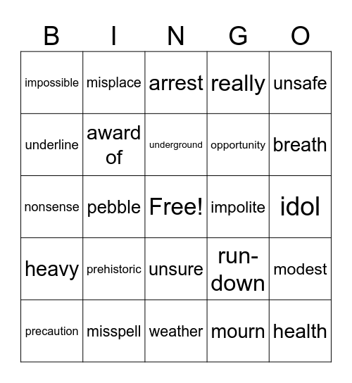 Mixed Vocabulary Bingo Card