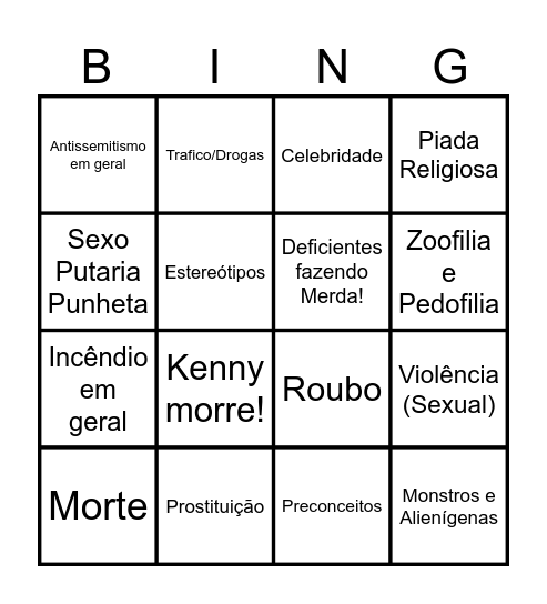 South Park Bingo Card