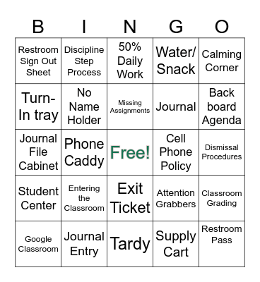 Class Procedure Bingo Card