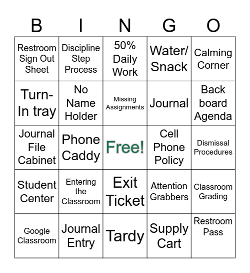 Class Procedure Bingo Card