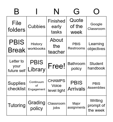 Back to School BINGO Card