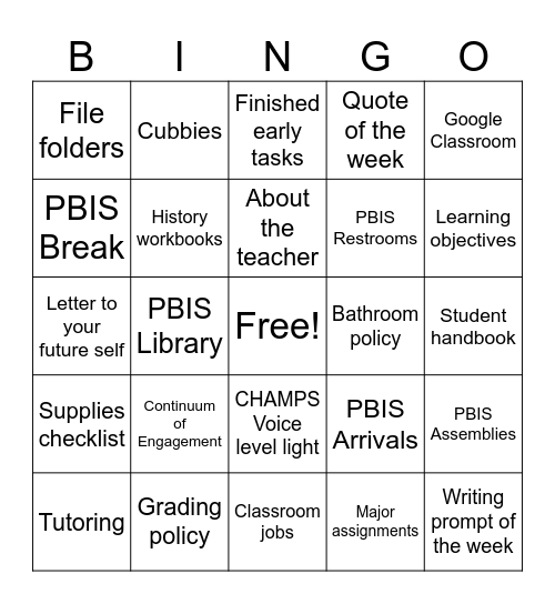 Back to School BINGO Card