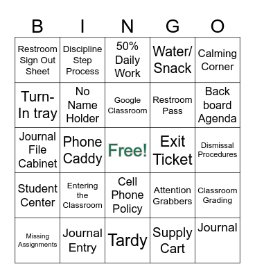 Class Procedure Bingo Card